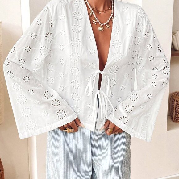 White Boho Women's Casual Woven Long Sleeve Front Tie Loose Blouse - Picture 1 of 6